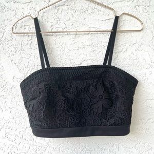 Black Floral Overlay Boho Crop Top Medium